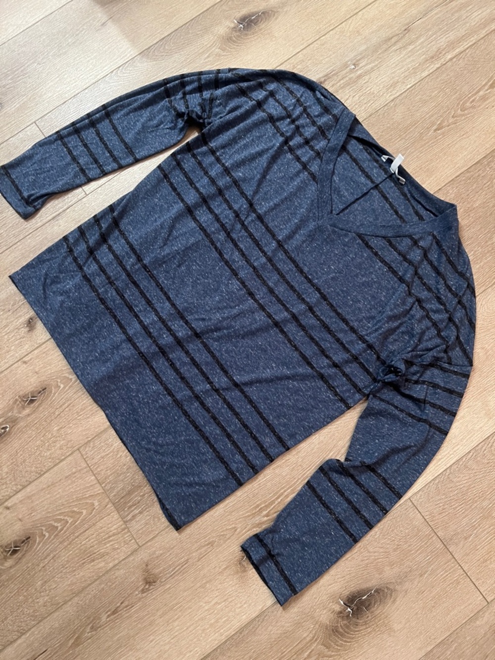 Victoria's Secret - Navy Blue Long Sleeve V Top with Stripes, Flax Linen Blend